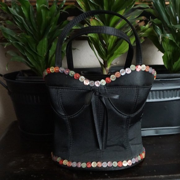 Sonoma Handbags - Corset Shaped Womens Black Satin Purse Mini two handle Satchel